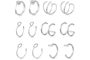 LUSOFIE 12 sztuk fałszywych kolczyków do nosa, zestaw sztucznych kolczyków do nosa, cienkie kolczyki do nosa, srebrne, ze stali nierdzewnej, zestaw kolczyków do nosa, dla kobiet i mężczyzn (6 stylów), 6 Stile