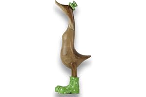 ‎ART-CRAFT ART-CRAFT Holz Ente Lauf Ente Gartendeko Figur aus Bambus Wurzel und Teak Holz mit Stiefel und Hut grün 45cm