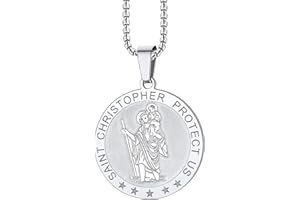 ChainsPro Saint Christopher Protect Us Pendant Necklace,22''+2'' Box Chain 4mm,Silver/Gold/Black Stainless Steel Ova/Medal/Octogon Travellers Protection Patron Saint Pendant for Men Women