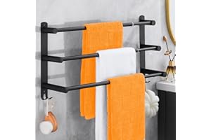 HONPHIER Adjustable Towel Rails 43-78CM Bath Towel Racks Stainless Steel Towel Shelves with Hooks Wall Mounted Towel Holders Towel Bar for Kitchen Bathroom (Black 3-Tier)