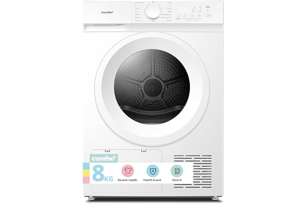COMFEE' Secadora Bomba de Calor, 8KG, Clase D, Secado rápido, CD08EHP05W | Secado Rápido en 30', Anti Arrugas, Función de Refresco, UV, Depilación PET, Ropa deportiva, Blanco, W*H*D-59.5*85*56.1cm