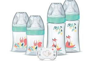 DODIE Lot de 4 biberons naissance Tétine Ronde Anti-Colique (2x150mL et 2x270mL), + une sucette naissance