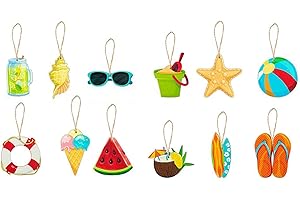 ZMUPL Summer Decorations Hanging Wooden Ornaments for Tree, 12pcs Hawaiian Luau Party Decorations Hanging Pendants with String, Hawaiian Tropical Summer Beach Party Decorations Supplies
