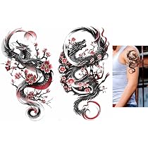 2 Blatt Temporäre Drachen-Tattoos – Japanisches Design Mit Kirschblüten, Ca. 20x15 Cm