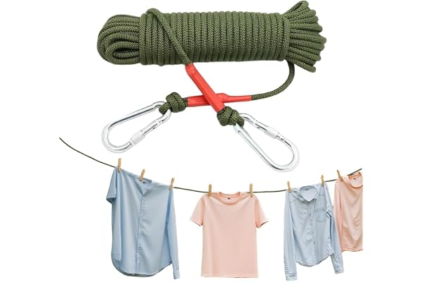 HASTHIP 10m Clothes Drying Rope - Heavy Duty Polyester Cloth Rope for Drying Clothes with Hook 10mm Steel Core Clotheslines Wire Cloth Dry Ropes Wire, Army Green