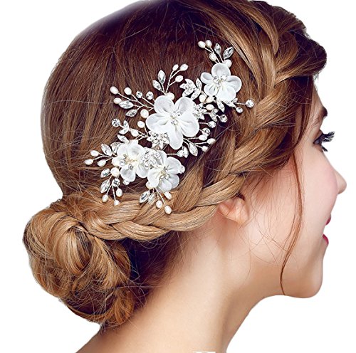 Miya® 1Stück MEGA Glamour Braut Kamm Steckkamm Haarkamm mit vier wunderschöne Blumen aus sanft Tüll Perle und Kristallen, Braut Schmuck Hochzeit Jugendweihe Haarschmuck, Form YY02