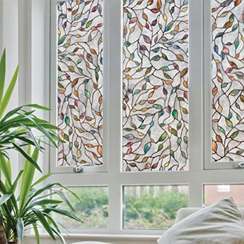 Window Glass Film, Electrostatic Absorption Beautify Decorate Protect Privacy Sunscreen Indoor Glass Film (Colorful Leaves)