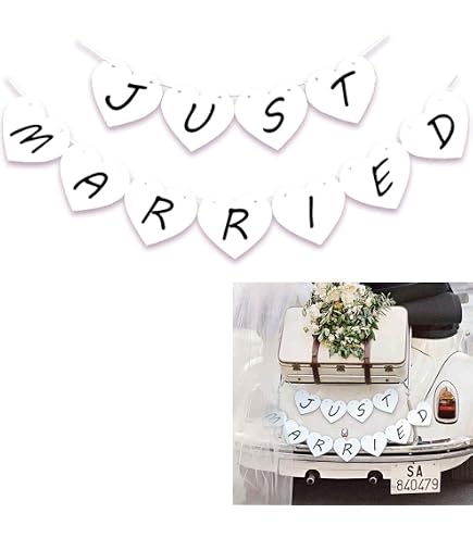 Décoration « Just Married » – Bannière Guirlande + Lettres Bois Mr & Mrs – Pour Voiture, Photo, Mariage – Blanc Romantique - 8