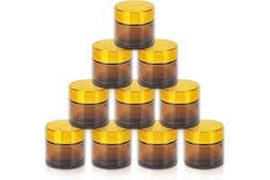 Fanchu 10 Stück Creme Behälter, Amber Glas Leer Cremetiegel, 10ml Cremedosen zum Befüllen Glasbehälter mit Deckel und Liner für Kosmetik Cremes Lotionen ätherische Öle