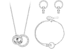 Hanaoops Conjuntos de Joyas para Mujer y Niñas Números Romanos Circón Acero Inoxidable Chapado en Oro Plata Colgante Collar Pendientes Pulsera Juego de Joyas