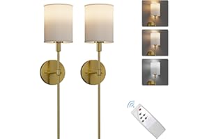 Klighten 2 sztuki Wewnętrzne kinkiety ścienne z możliwością przyciemniania pracy baterii, 3000K-6000K, mosiężna bezprzewodowa lampa ścienna z pilotem zdalnego sterowania, lampa ścienna ładowalna USB,
