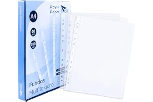 Raylu Paper® - Fundas multitaladro de polipropileno 100% reciclable, fundas para documentos de gran apertura, lomo reforzado. 100 unidades. (Piel de naranja, A4 - 60 micras)