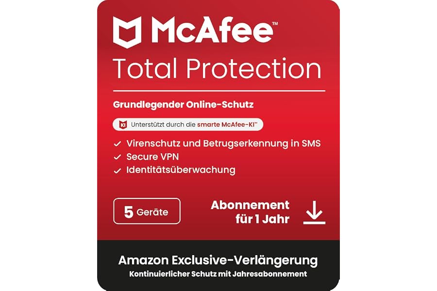 McAfee Total Protection (5 Geräte) 2025 | Secure VPN, Sicherheitssoftware mit Virenschutz,Kennwort-Manager, Identitätsüberwac
