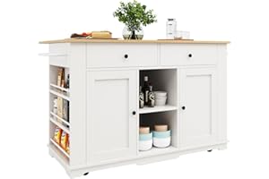 ‎DRIXNO DRIXNO Kücheninsel, Küchenwagen mit Steckdosenleiste Ausgestattet, Küchenschrank, Servierwagen mit arbeitsplatte, Buffetschrank, Speisewagen mit Holzmaserung, Buffetschrank,Weiß