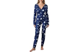 Felcia Women's Sexy One Piece Jumpsuit Sleepwear Deep V-Neck Butt Flap Pajamas Long Sleeve Bodycon Bodysuit Romper