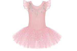 Bricnat Fille Robe de Ballet Justaucorps Danse Classique Tutu Fille à Manches Courtes et Manches Longues Robe de Danse Coton avec Jupe Tulle à Paillettes 3-11 Ans