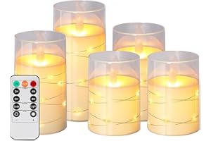 HIYAA LED Flameless Candle, LED Candles with Embedded String Lights, 5 Pack Battery Operated Candles with Remote Control, 24-Hour Timer Function, Dancing Flame