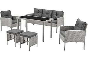 Home Detail Garden Furniture Set Rattan 6 Piece Sofa Set Patio Seating with Dining Table, Chairs, Sofa and Footstools Outdoor Dining Set in Grey with Plush Grey Garden Seat Cushions
