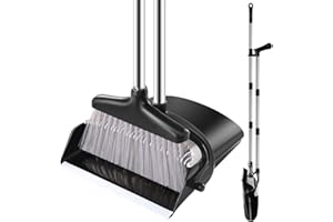 Bingobang Dustpan and Brush Set Long Handled – Broom and Dustpan Set Reduce Bending Tall Lobby Dustpan and Sweeping Brush (Black-Grey)