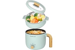 Audecook Electric Hot Pot with Steamer, 1.5L Rapid Noodles Cooker, Portable Nonstick Mini Multicooker, Electric Skillet with Dual Power Control for Ramen/Pasta/Egg/Soup/Oatmeal (Green)