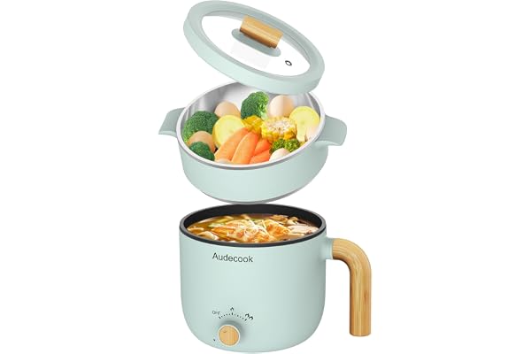 Audecook Hot Pot électrique avec Cuiseur à Vapeur, 1.5L Portable PoêLe Multifonction, Parfait Pour Nouilles/PâTes/œUfs/Soupe/Steak(Vert)