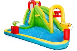 COSTWAY Castello Gonfiabile Per Bambini, Con Scivolo, Parete per Arrampicarsi e Piscina, Ideale Per 3 Bambini 3-10 Anni, Con Borsa di Trasporto e Kit di Riparazione