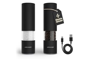 LARS NYSØM Molinillo de Sal y Pimienta Eléctrico | Molinillos Automáticos de Acero Inoxidable con Mecanismo Cerámico Ajustable | Set de Molinillos Recargables por USB con Luz LED (Carbon Black)