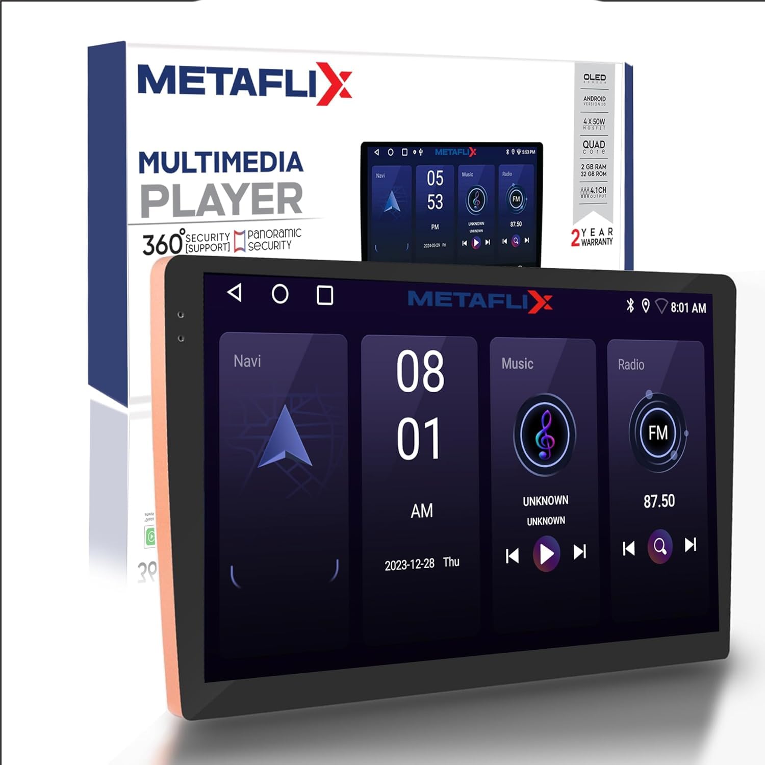 Metaflix Classic Series Wireless CarPlay & Android Auto, Quad-Core 2G/32G, 36-Band EQ, 2.4/5.0 GHz WiFi/BT, GPS, Supportive 360° Car Camera 1080P, Mirror Link-Premium Car Android Touch System