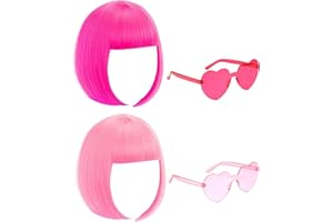 DAJOOEE Party Wigs Wig Cap and Sunglass Set,Short Bob Hair Wigs Straight with Flat Bangs Synthetic Colorful Cosplay Daily Party Neon Wig for Women (Pink mix)