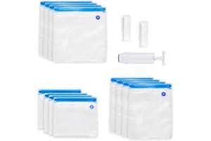 N/F Femongy Bolsas de Sellado al Vacío, 12 Piezas de Bolsas de Alimentos al Vacío sin BPA Reutilizables con 1 Bomba Manual, 2 Clips de Sellado para Almacenar Alimentos (3 Tamaños)