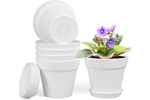 Homeuouz 6 Packs Blumentopf mit Untersetzer, 17.8cm Pflanzentopf, Plastik Übertopf mit Mehrere Ablauflöchern, Hydrokultur Topf, Blumentöpfe Set Ideal für Innen und Balkongärten,Weiß