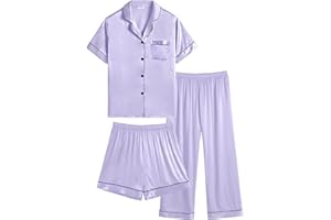 SWOMOG Kid's Silk Pyjamas 3 Piece Girls Boys Satin Pyjamas Set Button-Down PJs Sets Soft Lounge Sets Short Sleeve Sleepwear