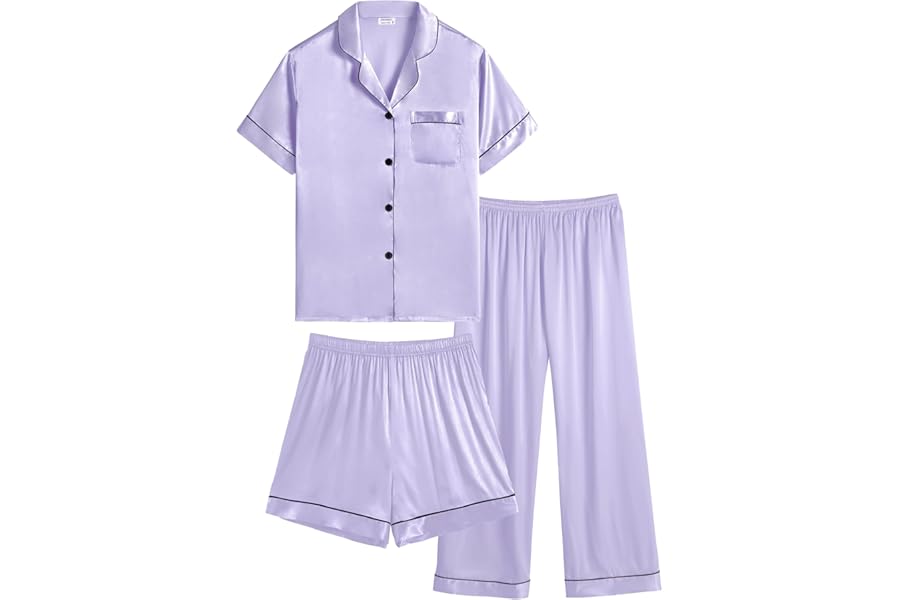 SWOMOG Kid's Silk Pyjamas 3PCS Girls Boys Short Sleeve Satin PJs Set Button-Down Nightwear Soft Lounge Sleepwear Teens Age 4-16