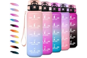 KOLLYKOLLA Gourde 1L, Bouteille d'eau avec Marqueur de Temps et Filtre, Gourde de Motivation, Facile à Nettoyer, Étanche & Réutilisable, Bouteille pour Voyage, Randonnée, Cyclisme, Bureau, Fitness, Voyage