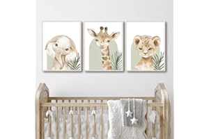 BeiYiHo 3 Affiche Animaux Savane Deco Chambre Bebe Garcon Tableau Animaux Jungle Poster Chambre Enfant Lion Girafe Elephant Tableau Beige Vert Toile sans Cadre (BYC006-40x50)