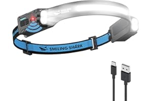 Smiling Shark Lampada Frontale, Headlamp Ricaricabile 2400mAh Ultra Luminosa Luce Bianca & 2 Luci Spot Regolabili a 315°, Head Lamp con Sensore di Movimento per Trekking Campeggio Riparazioni Correr