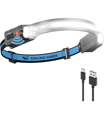 Smiling Shark Hoofdlamp, 2 stuks superheldere led-hoofdlampen, oplaadbaar met 6 brede straal en instelbare spotlight, bewegingssensor, 2400 mAh accu, 6 modi, hoofdlamp voor joggen, wandelen, kamperen