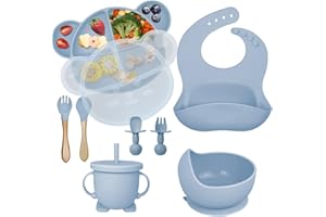 HOIDOKLY Kinderteller Sets Baby Geschirr Silikon Baby Teller Set 9 Stück BPA Frei Rutschfestes Baby Kindergeschirr Set mit Saugnapf Lätzchen Löffel Gabel Schüssel für Kinder-Grau Blau
