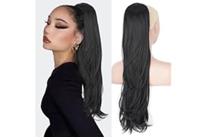 ‎AIKAA aikaa Lange Zopf Pferdeschwanz Haarteil Haarverlängerung mit Kordelzug Lang Glatt Wellig Natürliches Synthetik Haar Ponytail Extensions Schwarz für Frauen