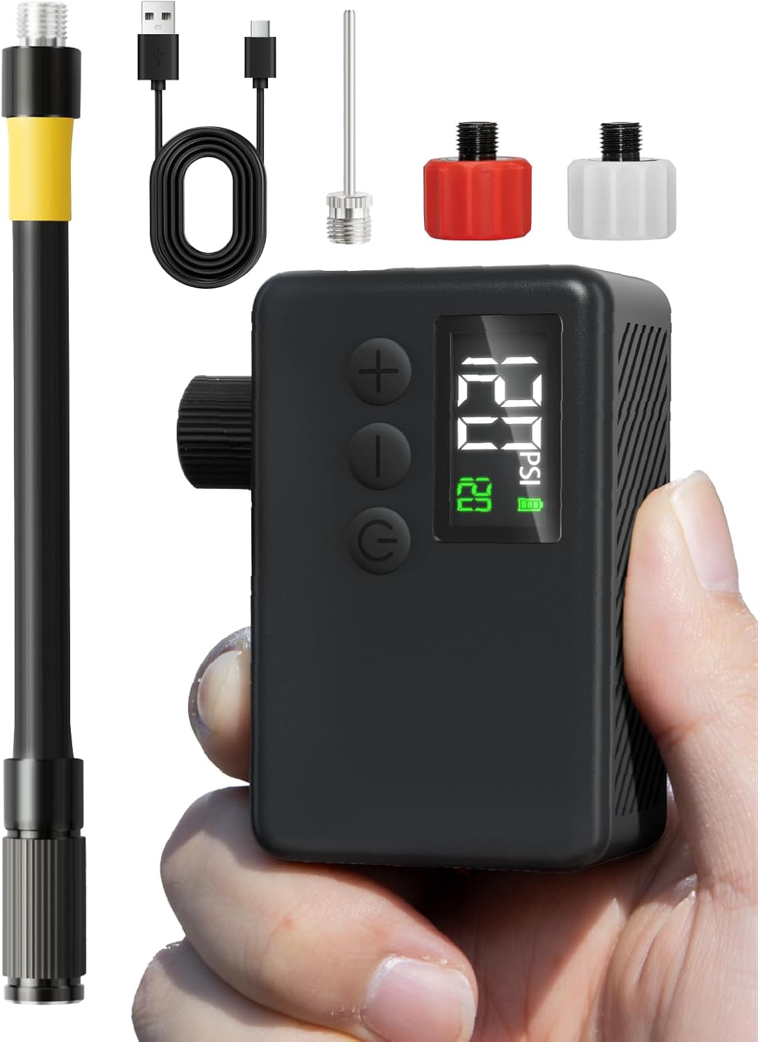 GPUTEK Pompe Vélo Électrique 120 PSI, Auto-Off & LED, Portable pour VTT/VTC | 80s gonflage 0-100 PSI, arrêt auto, compact 0,23 lbs, manomètre LED, compatible Presta/Schrader, pour VTT, route & ville
