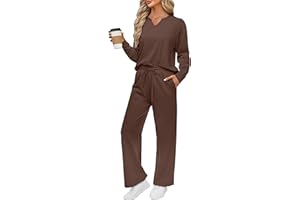 REORIA Women V Neck Activewear Loose Lounge Wear Set Solid Color Tracksuit Co Ord Sets Two Piece Outfit