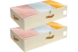 SYEXDZON Under Bed Storage Boxes with Sturdy Sidewalls Plate, 2pack Clothes Organisers with lids, PVC Window for Comforters, Duvets, Blankets, Shoes, Bedding (Beige, No base plate)