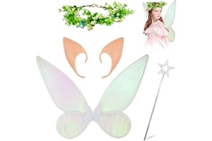 Quxvena Feenflügel Kostüm Erwachsene Kinder, Schmetterlings Fee Flügel mädchen, Fee flügel WaldfeeSich Tinkerbell Kostüm Feenstab Blumenkrone Ohren für Karneval Karnevalskostüme Damen