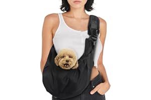 Avont Bandolera para Perro Pequeño y Gatos Menores de 7 kg, Transportadora Cruzada Sin Manos con Correa Ajustable y Acolchonada, Bolsillo Extra, Bolsa Segura y Suave para Paseos y Salidas-Negro