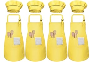 PTJJXA 4 Sets Children Chef Hat and Apron Age 3-12, Adjustable Boy Girl Apron and Elastic Cooking Hat, Child Painting Aprons with 2 Pockets, Toddler Chef Hat Apron Set for Crafting Baking Kitchen