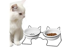 Navaris 2 Ciotole Rialzate Inclinate per Gatti in Ceramica - Ciotola Rialzata Inclinata Gatto - con Rialzo per Ciotola in Ferro - Ciotoline Cibo Acqua Cane - 350 ml