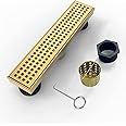 Elefloom Linear Shower Drain, Gold Shower Drain 12 inch with Removable Grate Cover, PVD AISI 304 Stainless Steel Gold Shower Floor Drain, Shower Drain with Hair Catcher and Leveling Feet