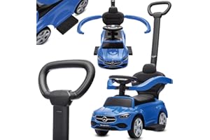 sun baby Jeździk pchacz dla dzieci Mercedes C-Class, wysokie oparcie, kierownica z dźwiękiem, wysuwane podnóżki, schowek (Niebieski)
