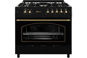 SOLTHERMIC F9L50G2RB COCINA NEGRA RUSTICA CON MANDOS DORADOS/ANCHO 90 CMS / 5 FUEGOS/HORNO PANORAMICO 115 L. / GAS BUTANO Y GAS CIUDAD/ENTREGA A DOMICILIO Y RETIRADA DEL USADO GRATIS