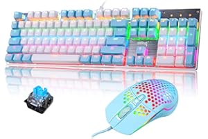 LEXONELEC Mechanische Gaming-Tastatur und -Maus, 3-in-1-Gaming-Set, blaue Schalter Rainbow Backlit Wired Gaming-Tastatur, RGB 6400 DPI Leichte Gaming-Maus mit Wabenschale, großes Mauspad für PC-Spiele